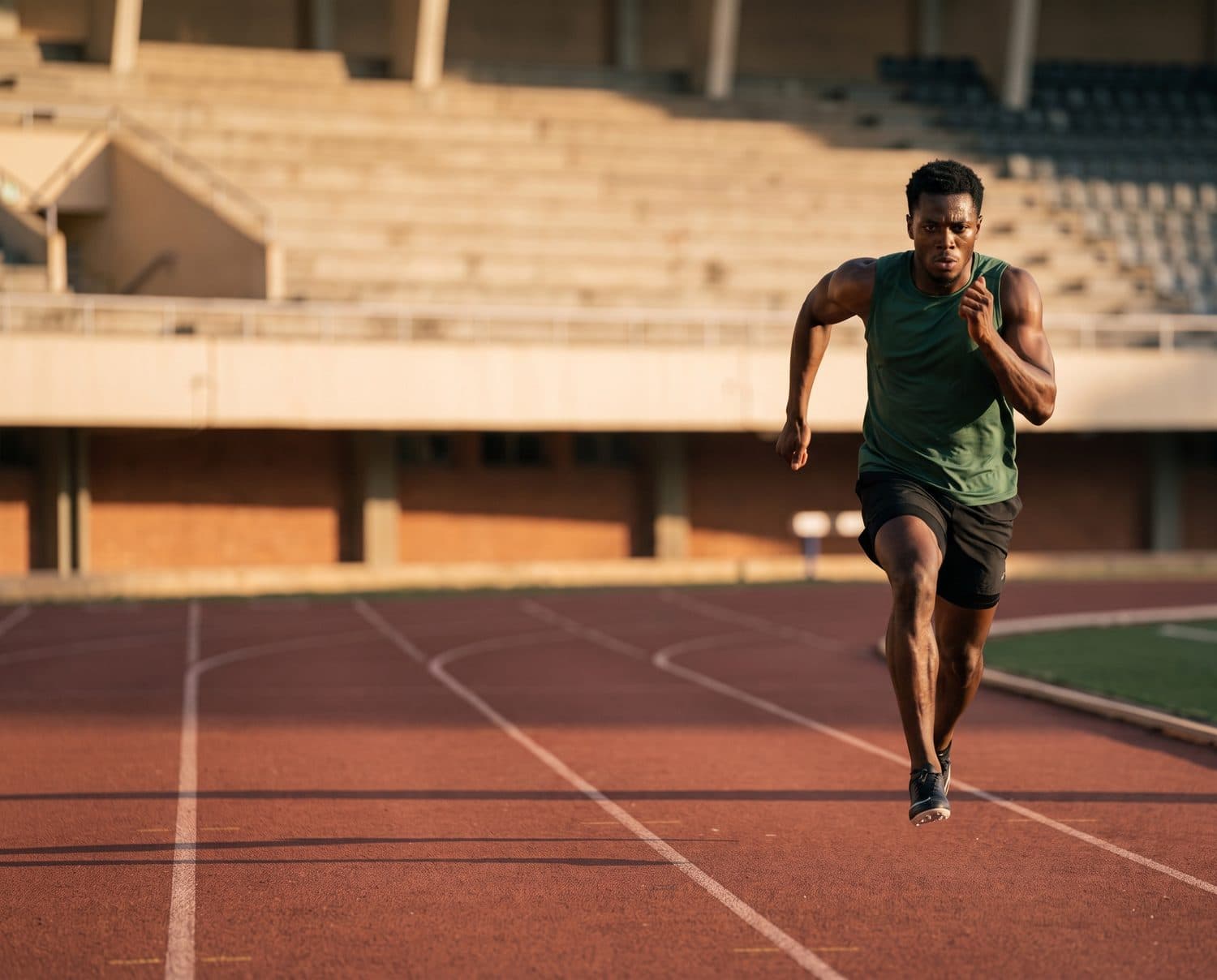 Athlete sprinting along a running track at golden hour