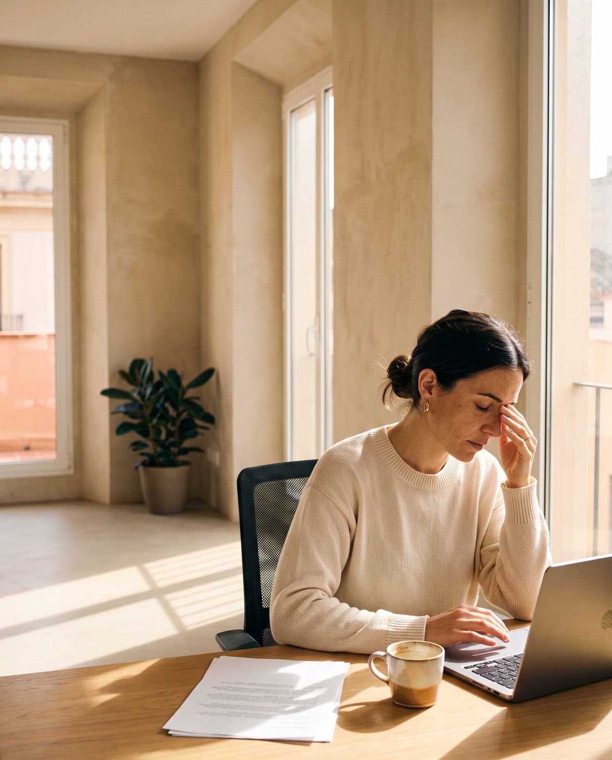 Woman at her desk in the afternoon, looking tired