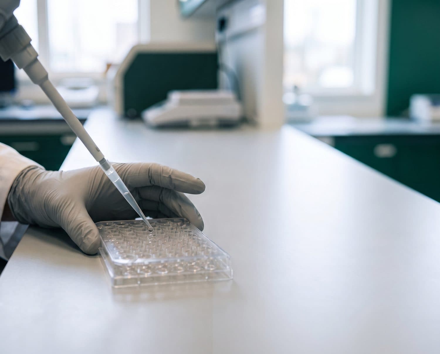 Gloved hand pipetting a sample into a plate in the lab
