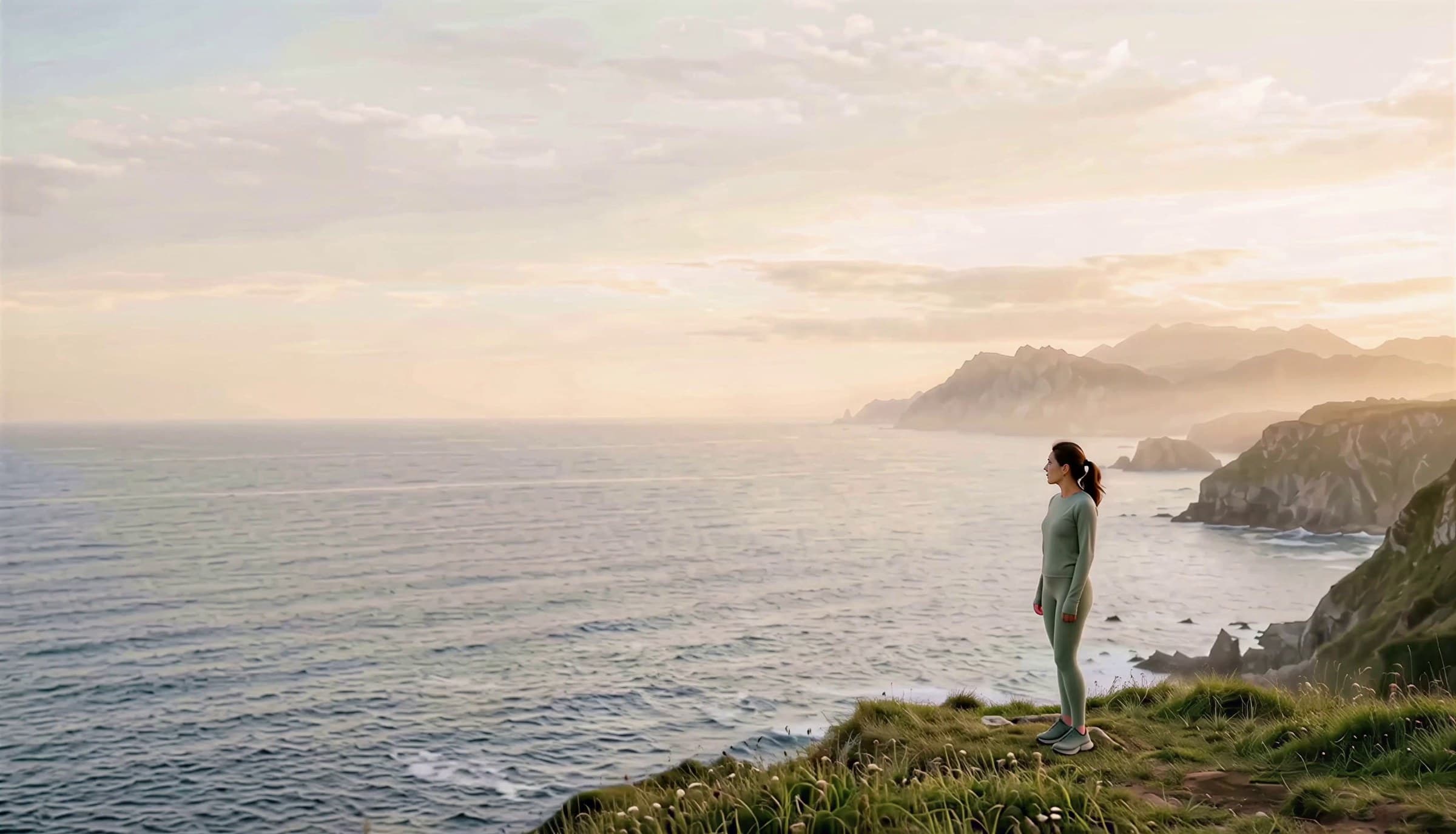Woman in sportswear looking out to sea from a cliff at sunrise