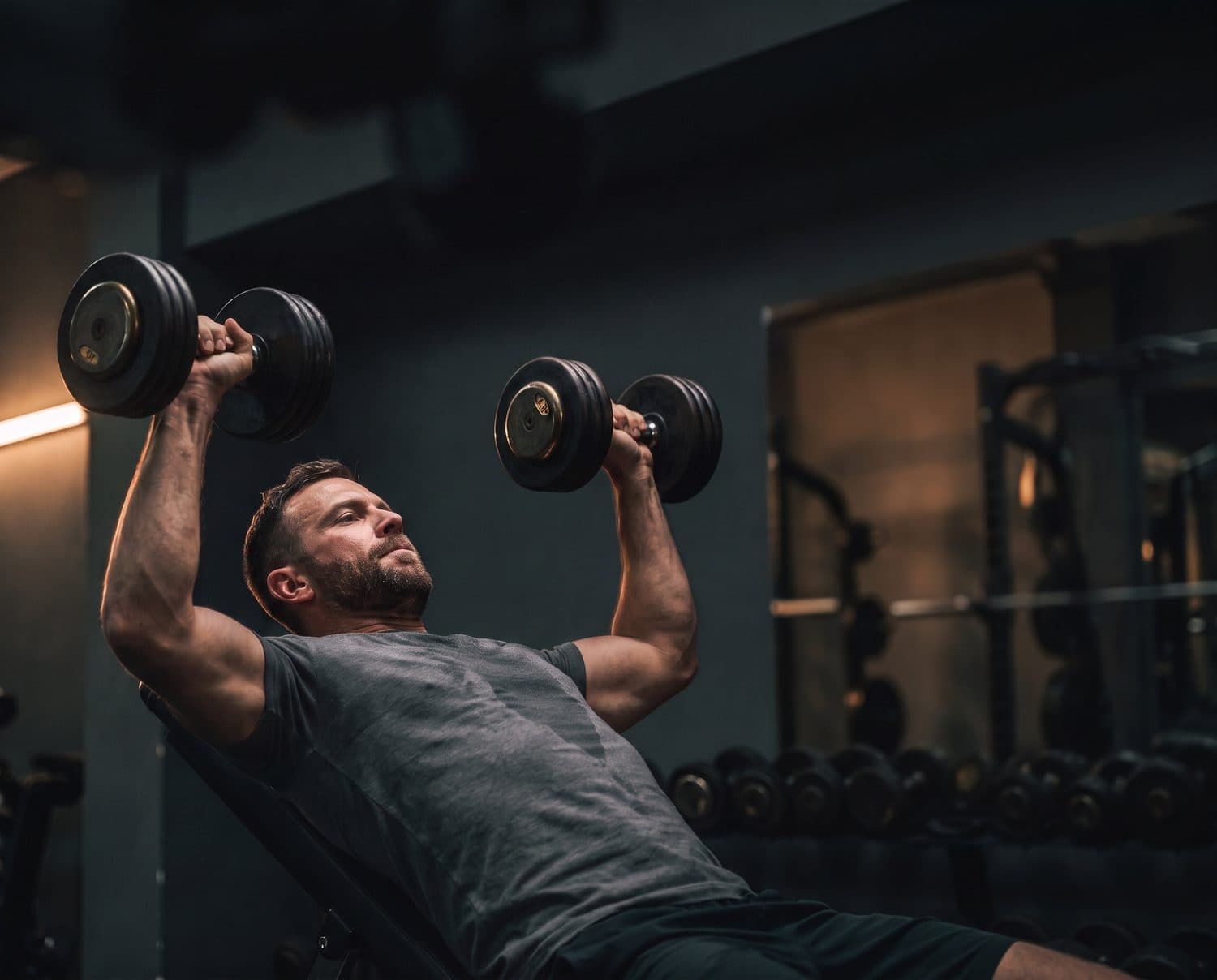 Man doing a dumbbell bench press in a gym