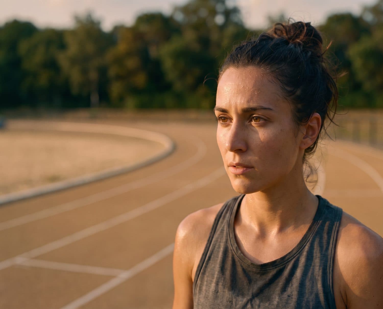 Sweaty athlete catching her breath on a running track at sunset